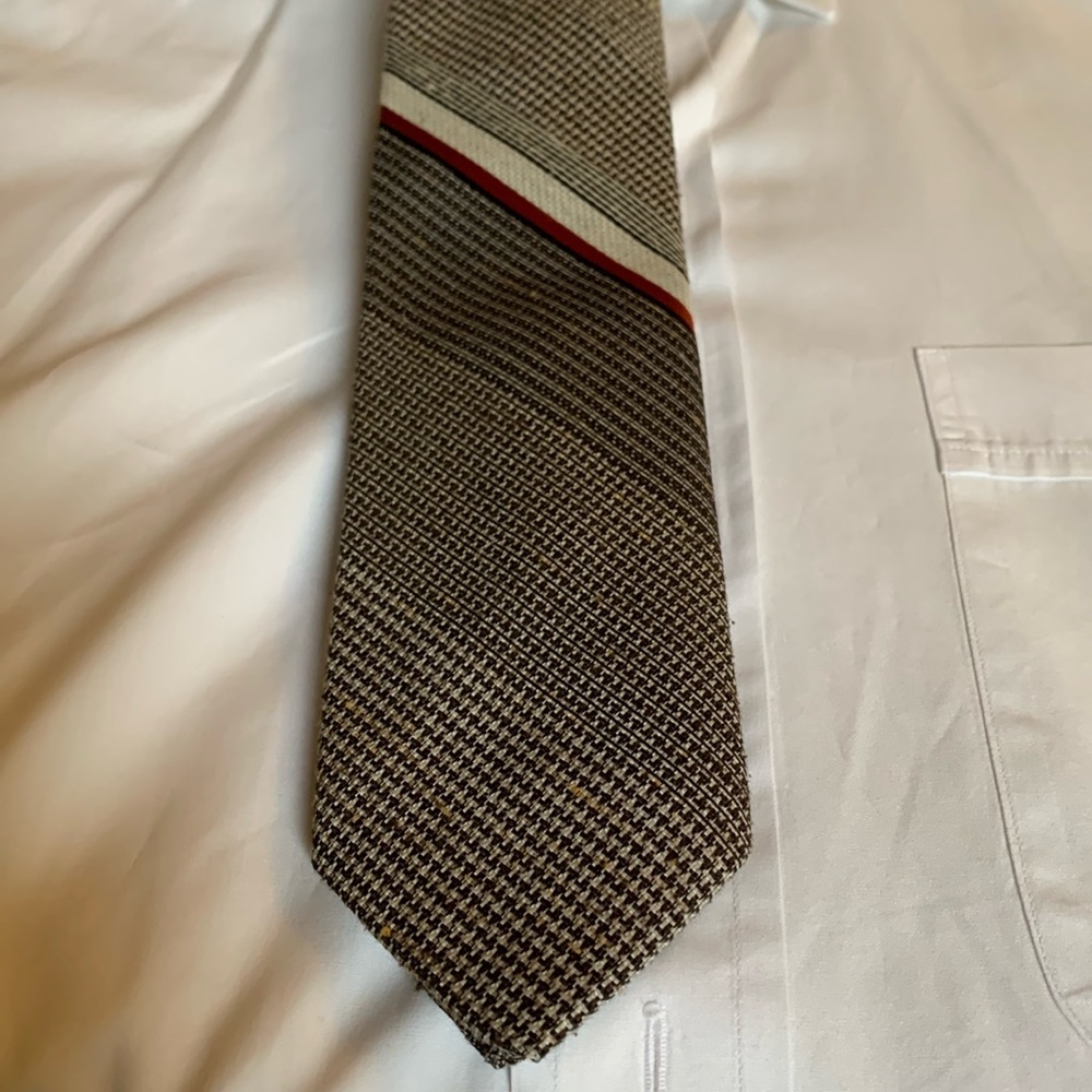 Vintage Sears Premiere tan black rust weave diagonal multi striped tie